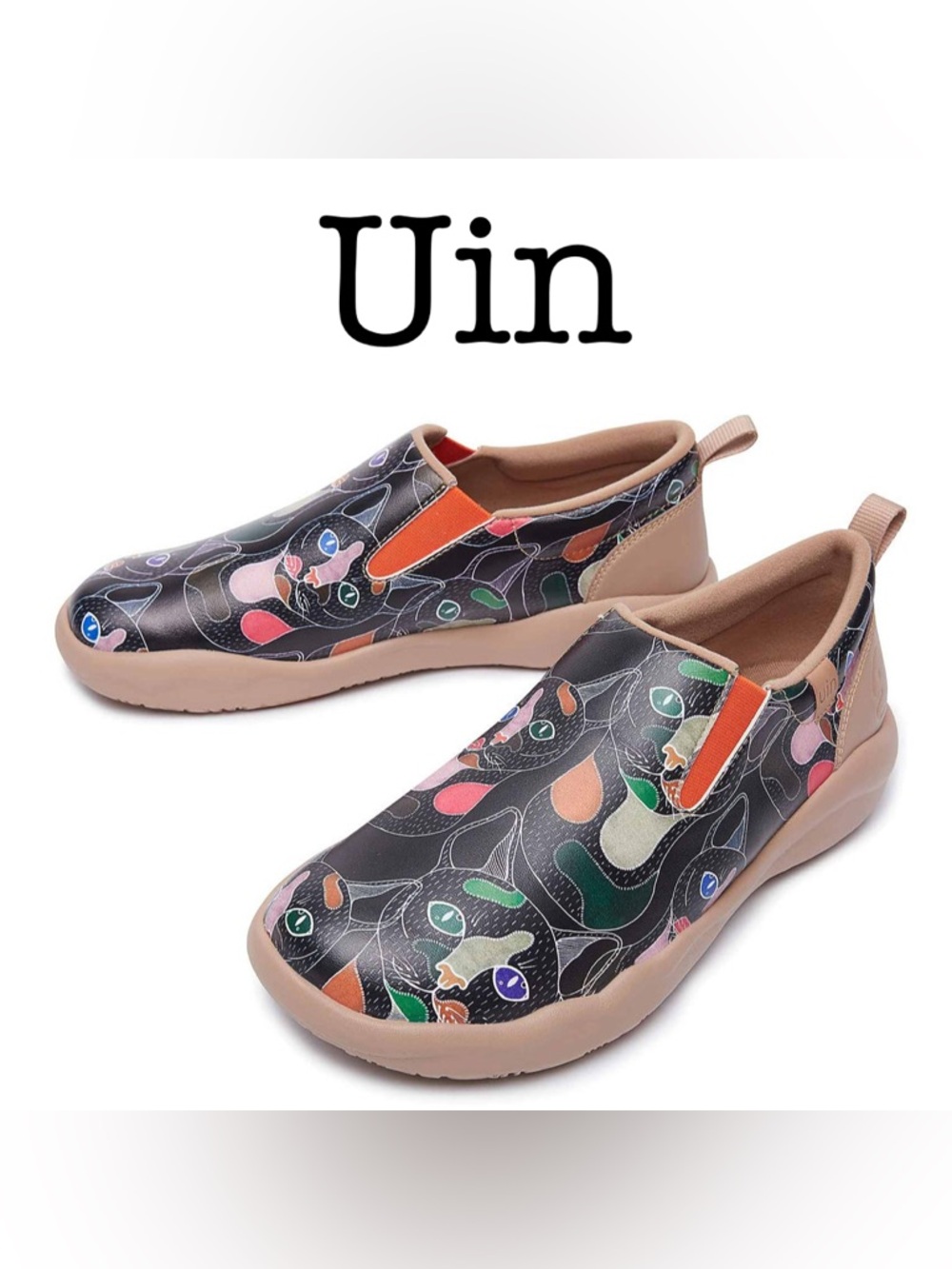 UIN Black Slip-On Sneakers with Multicolor Cat Motif Size 9.5